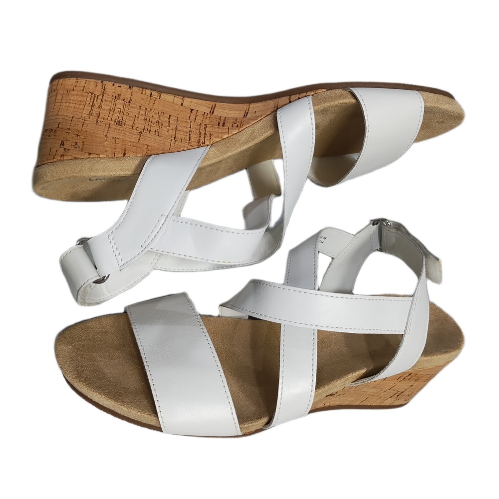 Lands' End Wedge Strappy Sandals Womens 9B White Cushioned Open Toe Hook & Loop